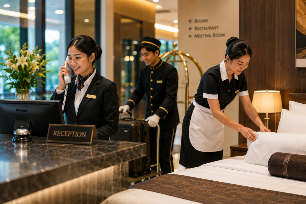 Ilustrasi praktik kerja jurusan perhotelan dengan aktivitas resepsionis hotel, housekeeping, dan pelayanan tamu di hotel berbintang.