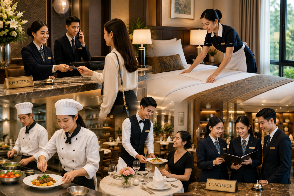 Kolase aktivitas siswa jurusan perhotelan mulai dari front office, housekeeping, tata boga, pelayanan restoran, hingga kerja tim di lingkungan hotel modern.